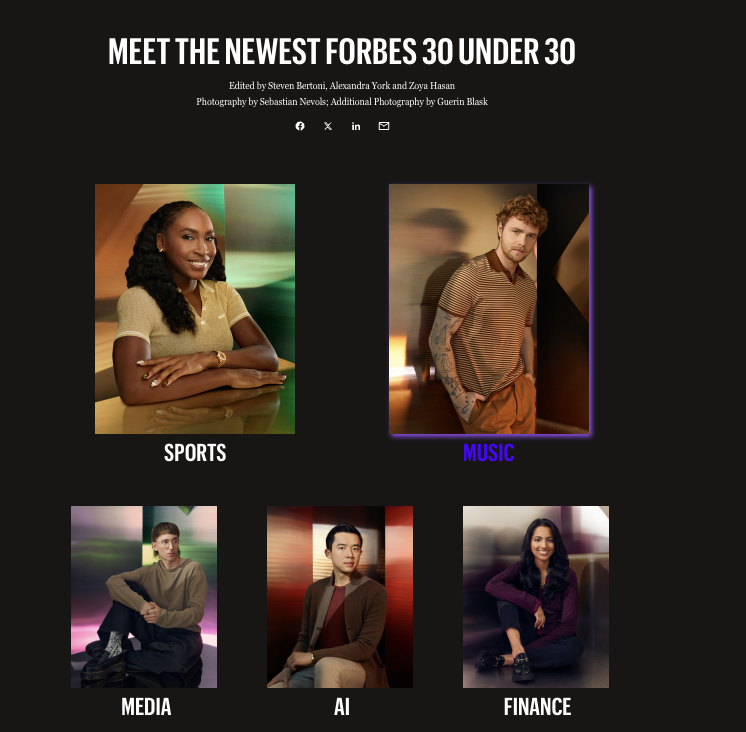 Screenshot of Forbes 30 Under 30 categories showing expansion across multiple categories