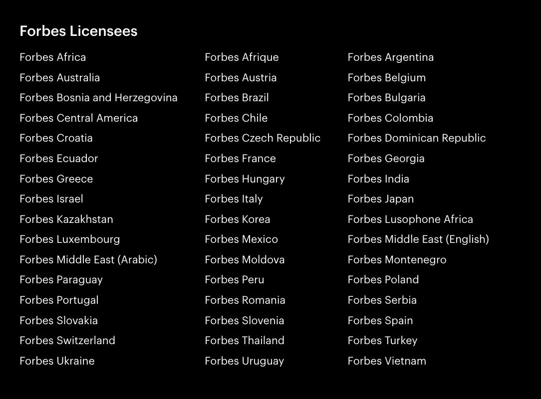 Full list of Forbes regional franchise licensees worldwide