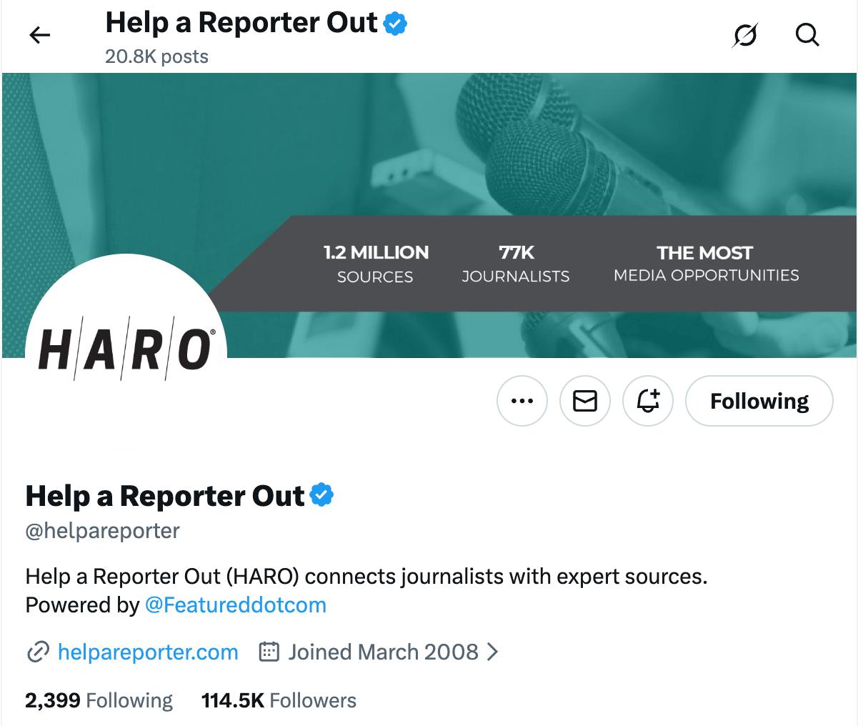 HARO (Help a Reporter Out) Twitter profile showing 1.2 million sources and 77K journalists
